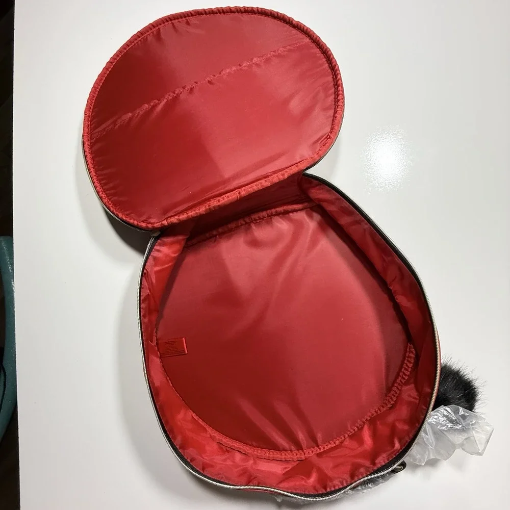 Elizabeth Arden Red Round Makeup Case World Color Faux Leather Pom Pom Bag